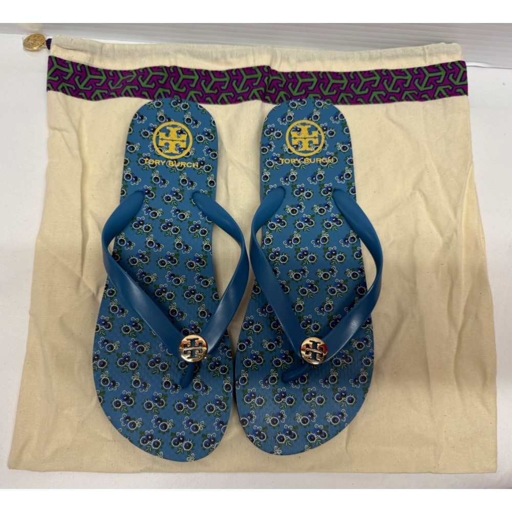 Tory Burch Casual Flip Flop Flat Thong Sandal BLUE FLORAL SZ 11 W/ DUST BAG NEW
